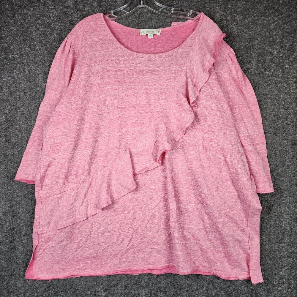 Weekend Suzanne Betro Top Women 4X Pink Ruffle Front Marled 3/4 Sleeve U7602223